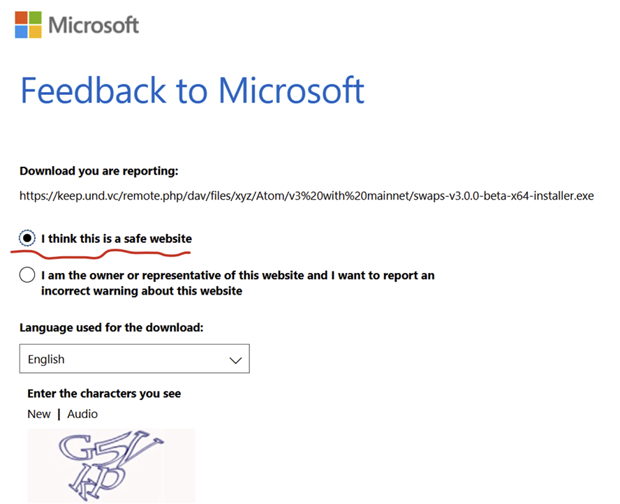 Microsoft feedback form